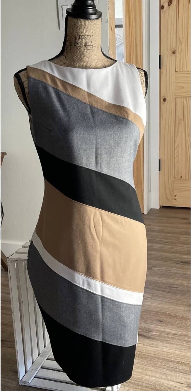 $300 White House Black Market Stripe Colorblock Sleeveless Boatneck Gray Tan
